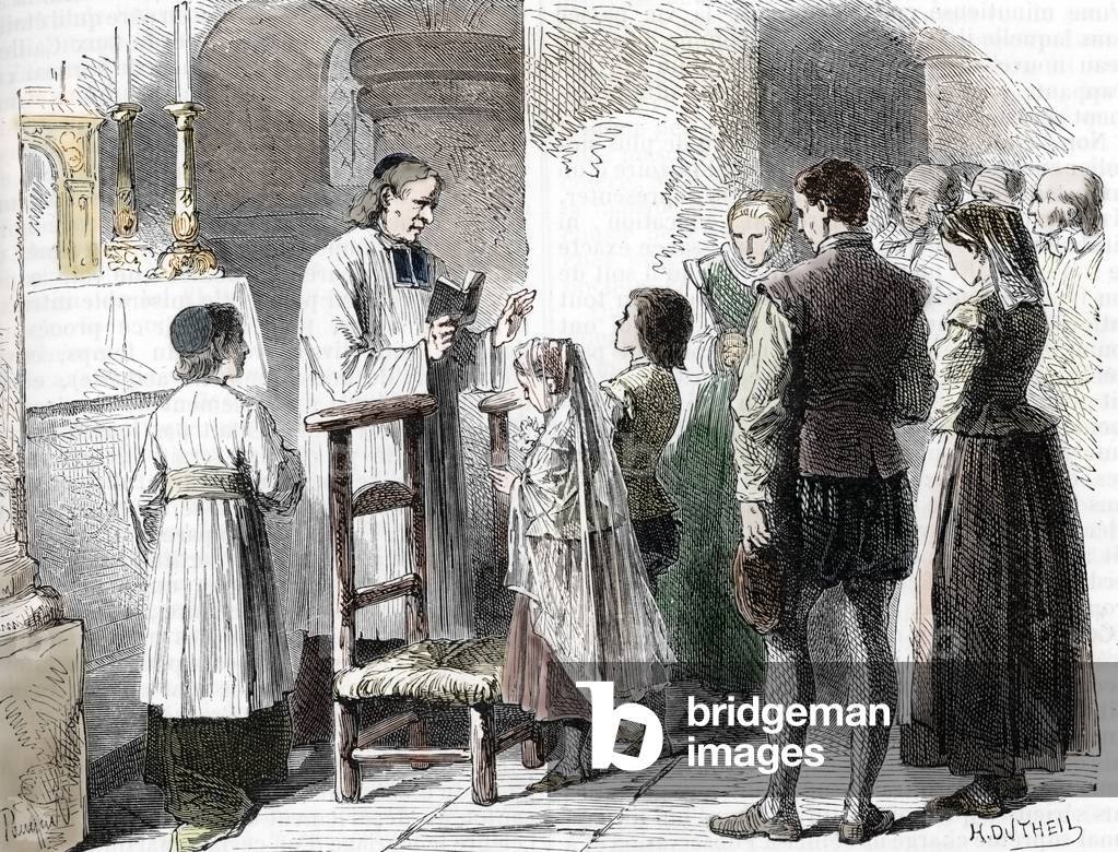 Case Martin War d'usurpation d'identity: “” Le mariage du vrai Martin Guerre et de son wife Bertande encore enfants en 1538”” (Case of imposture of Martin Guerre: marriage of the real Martin Guerre and his wife Bertrande, 1538) Engraving, 1865 Private collection