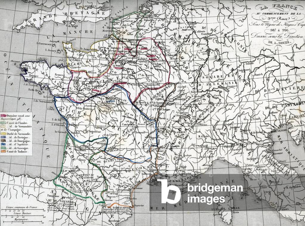 Historical map of France at the beginning of the reign of the Capetians, in the future of the regne of Hugues Capet, 987 (Map of France at the times of reign of Hugh Capet first King of the Franks of the House of Capet, 987) Engraving from “” Atlas Universel”” by Houze 1851 Private collection