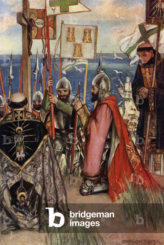 The Discovery of America by Christopher Columbus, 1492 (The landing of Christopher Columbus (1451-1506) in 1492) Illustration by Stephen reid (1890-1948) from ' The Book of Discovery'' 1906 Private collection