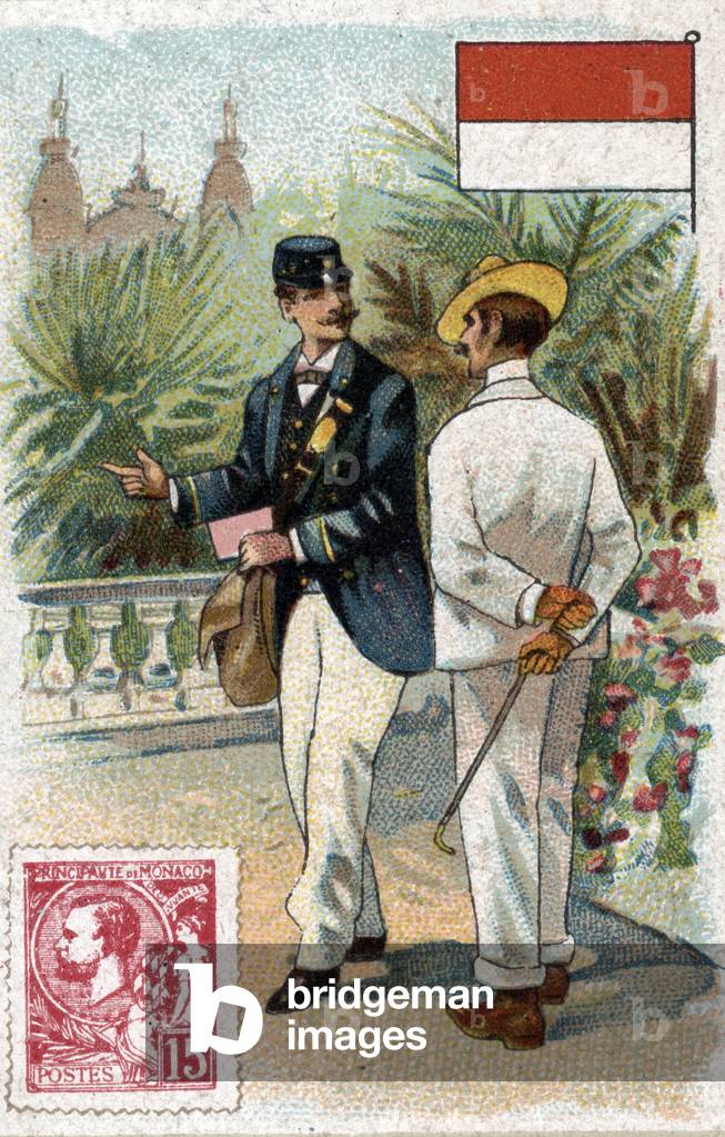 A postman from Monaco, stamp and flag Chromolithograph 19th century Private collection