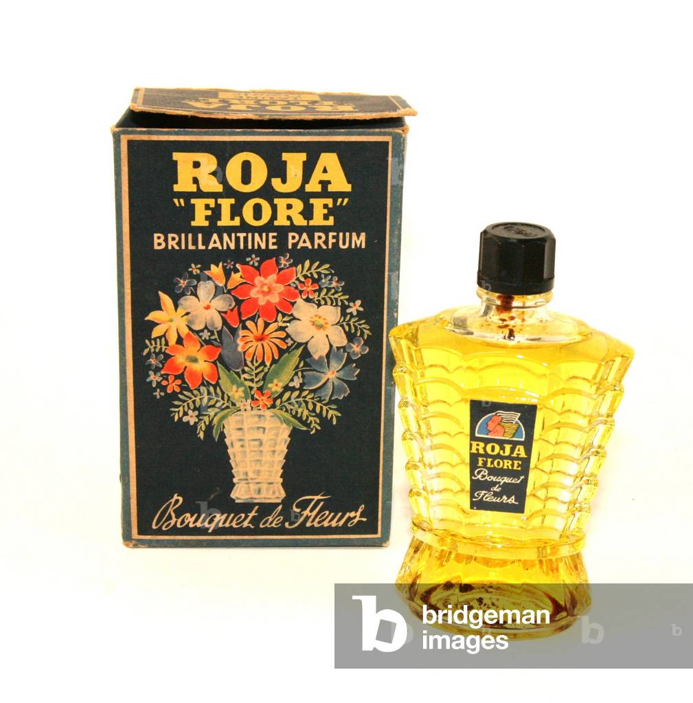 Box and bottle of Brillantine Roja Flore circa 1955