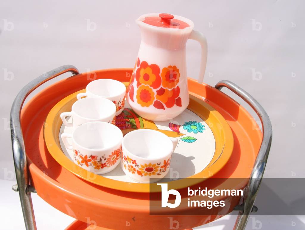 Vintage coffee service set, tray, cup, serving orange, 1970s