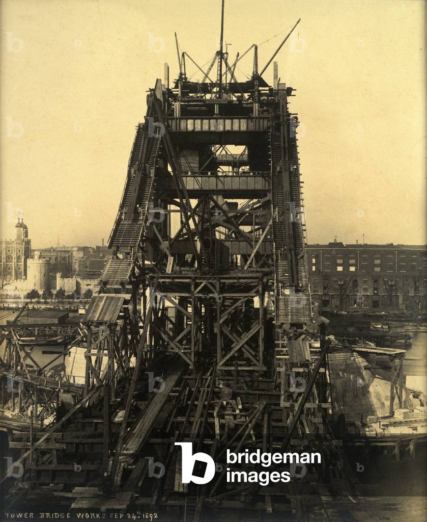 Tower Bridge works, Sep 28th 1892 (b/w photo)