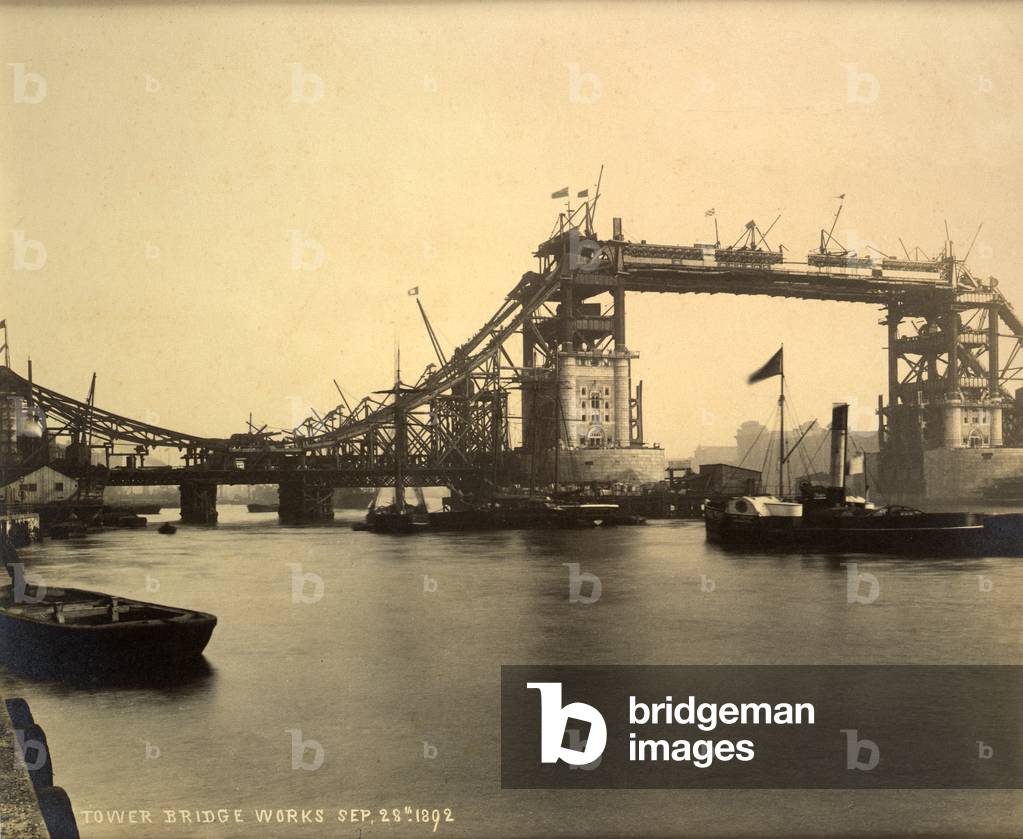 Tower Bridge works, Sep 28th 1892 (b/w photo)