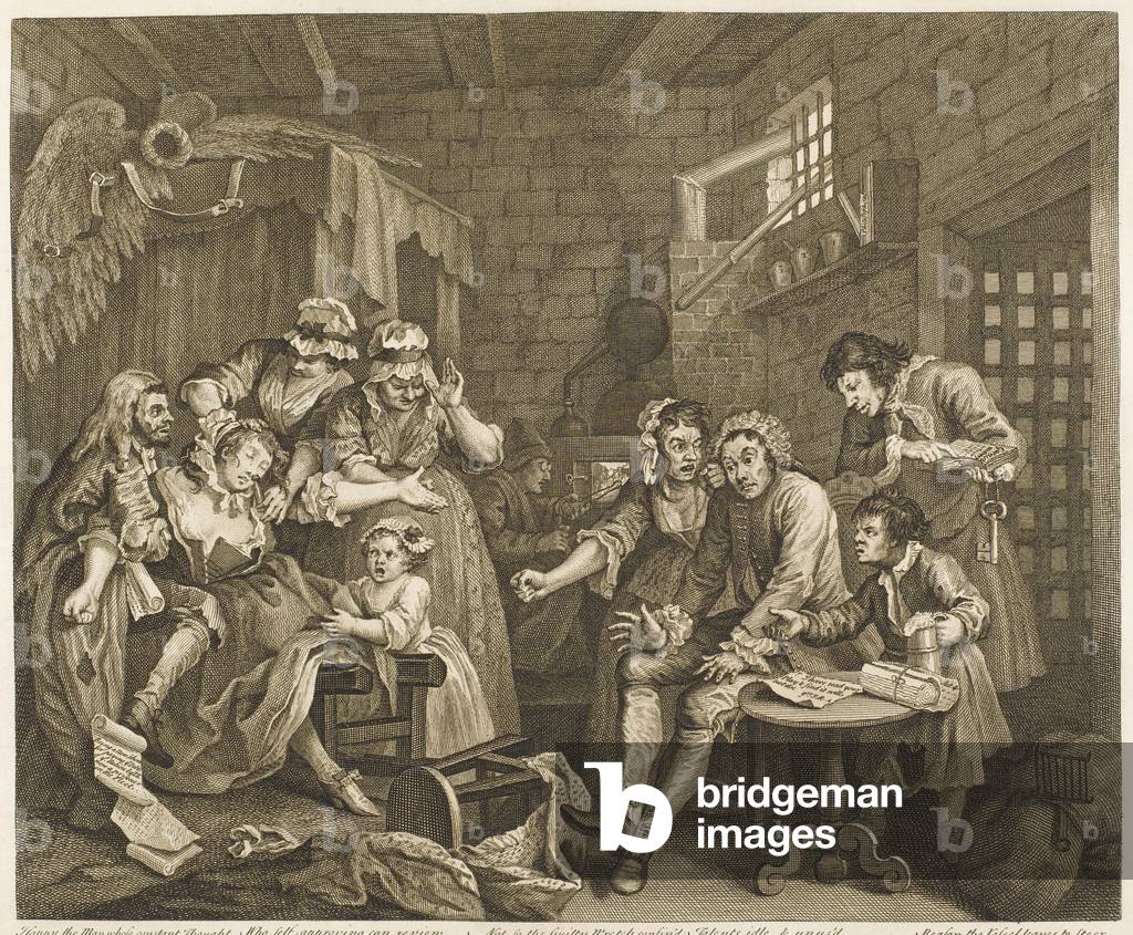 Bild von Gravur "Hogarth - Rakes Fortschritt" 1735 von William Hogarth