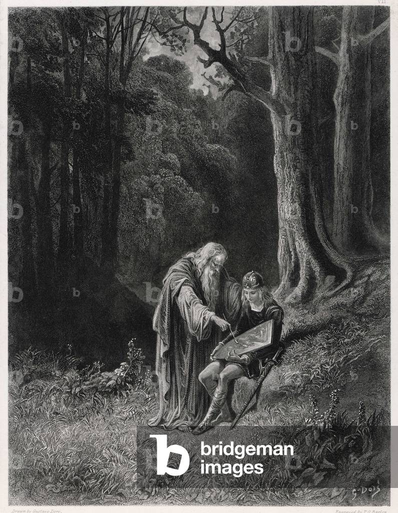Image of Engraving depicting Myth - Arthurian - Merlin by Gustave Dore