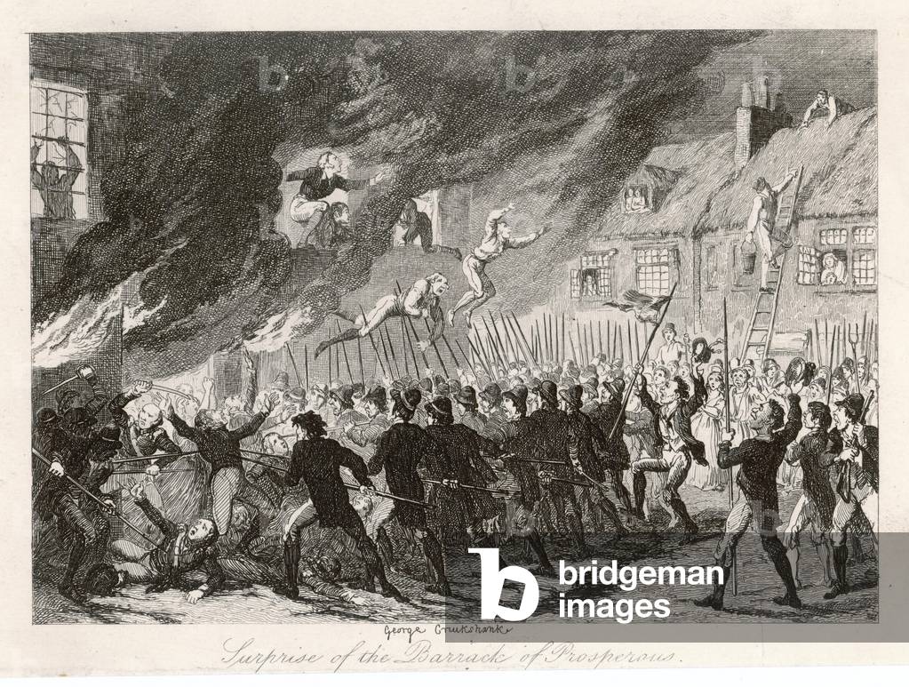 Bild von Druck "1798 REBELLEN EROBERN DIE BARACKE" 1798 von George Cruikshank