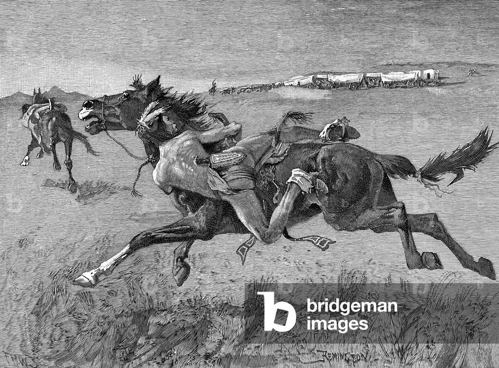 Image de Gravure représentant CHARIOTS D'ATTAQUE INDIENS 1891 par Frederic Remington