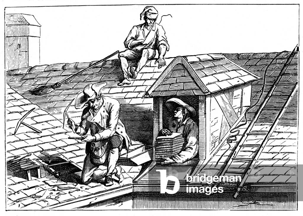 Image of Engraving depicting 3 MEN TILE A ROOF 1701 by Jean Duplessis-Bertaux