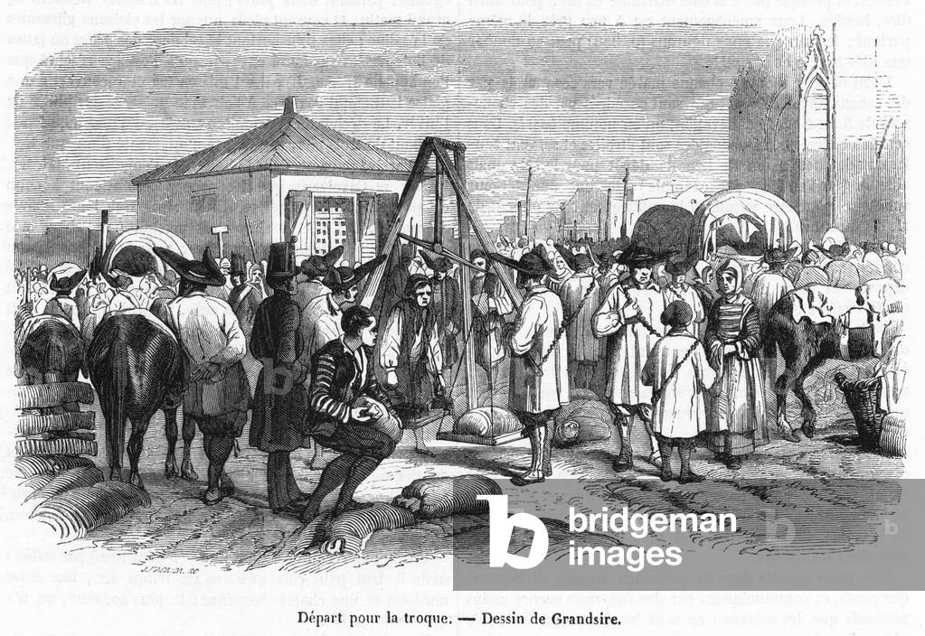 Bild von Gravur "LADEN VON SALZWAGEN" 1851