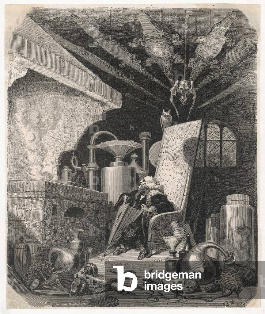 Image of Engraving depicting ALCHEMIST'S WORKPLACE by Gustave Dore