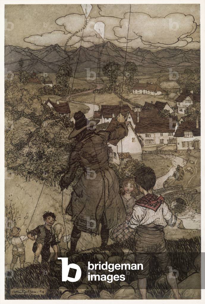 Image of Print depicting HILLSIDE KITE FLYING by Arthur Rackham