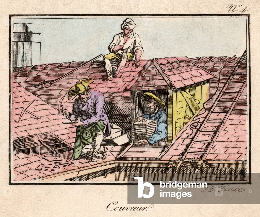 Bild von Gravur "ARBEITER REPARIEREN EIN DACH" 1701 von Jean Duplessis-Bertaux