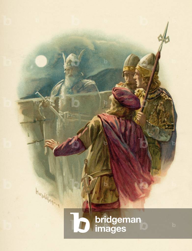 Image of Print depicting SOLDIERS AND GHOST 1899 by Harold Copping