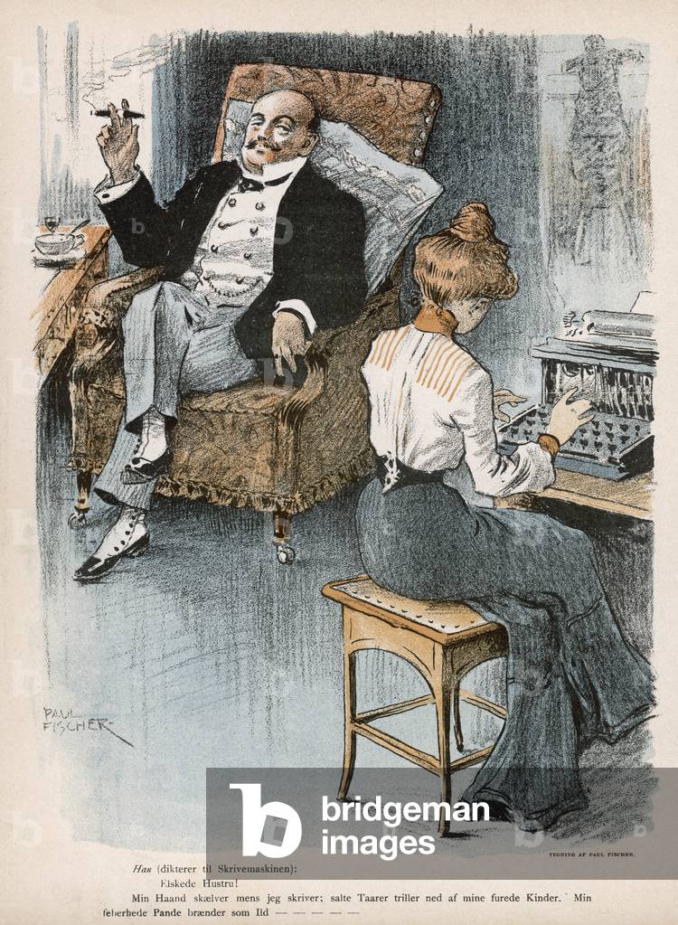 Bild von Druck "DER SCHREIBKRAFT DIKTIEREN" 1902 von Paul Fischer