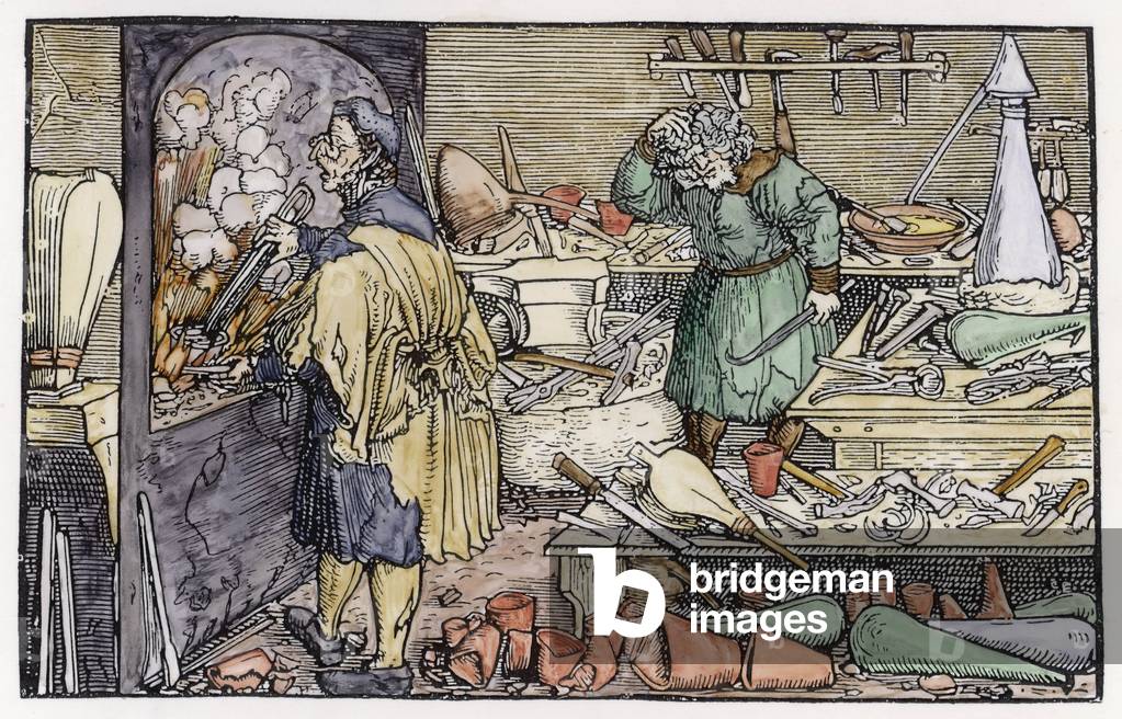 Immagine di Incisione "LABORATORIO DELL'ALCHIMISTA" 1537 di Hans Holbein the Younger