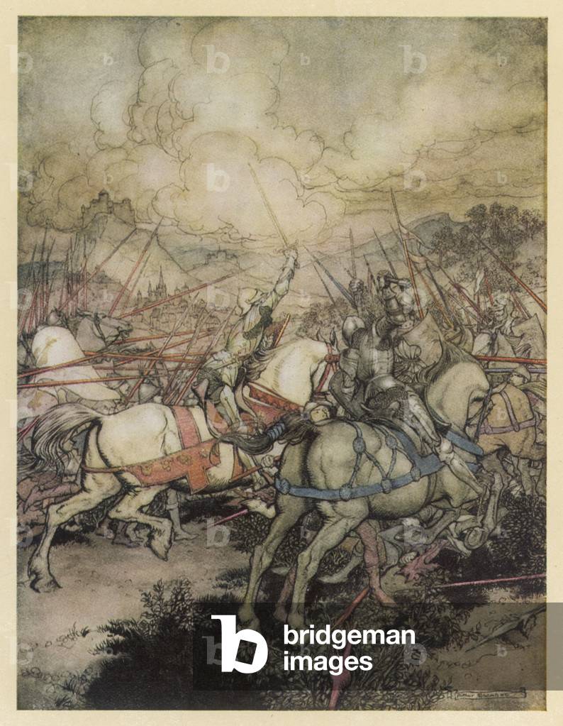 Image of Print depicting Arthur Uses Excalibur by Arthur Rackham