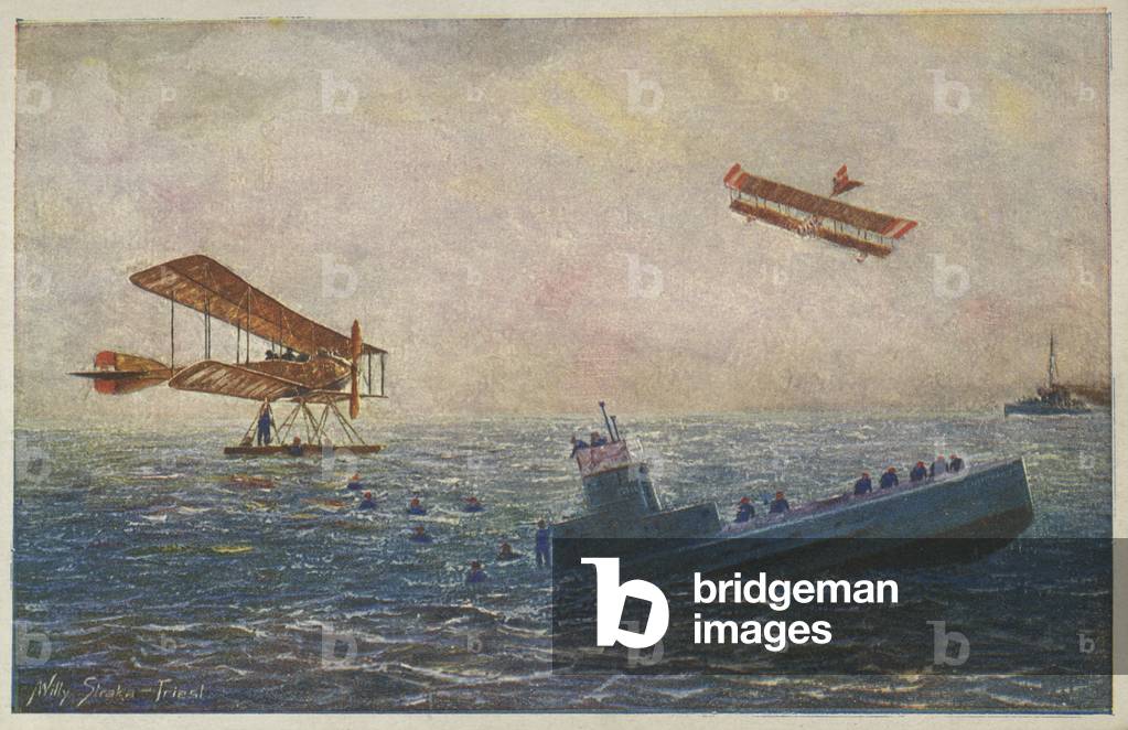 Image of Austro-Hungarian seaplanes and sinking submarine, WW1