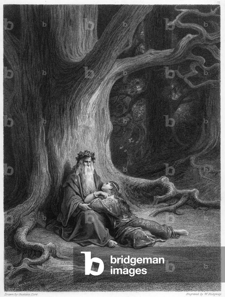Image of Engraving depicting Merlin - Vivien - Tree by Gustave Dore