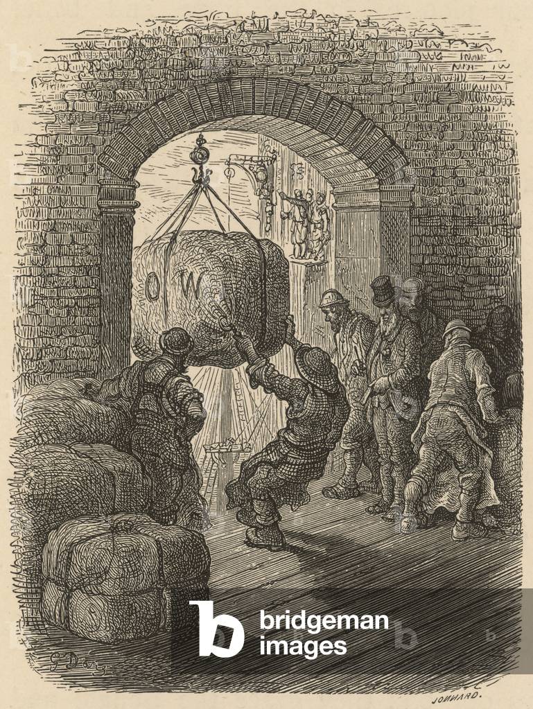 Image of Engraving depicting Dore - Dockers and Bale 1870 by Gustave Dore