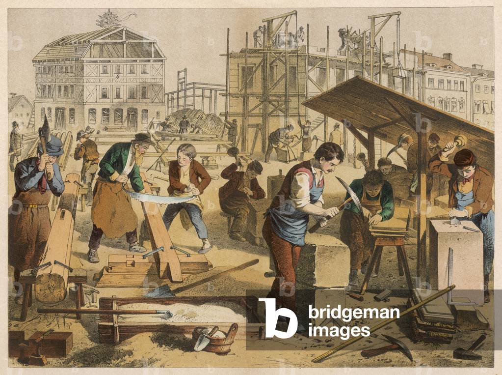 Immagine di Stampa "Costruttori al lavoro" 1875 di French School