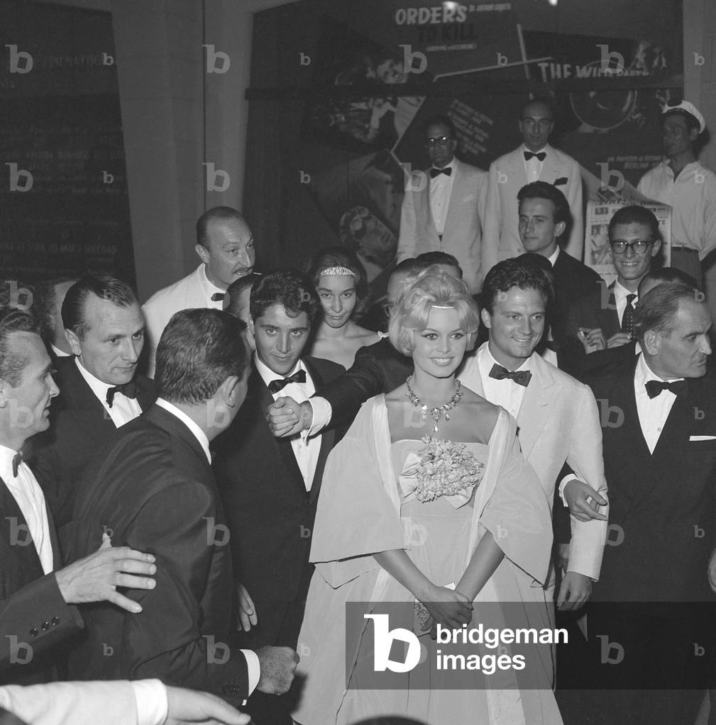 Brigitte Bardot during a party in Lido, Venice, 1958 (b/w photo)