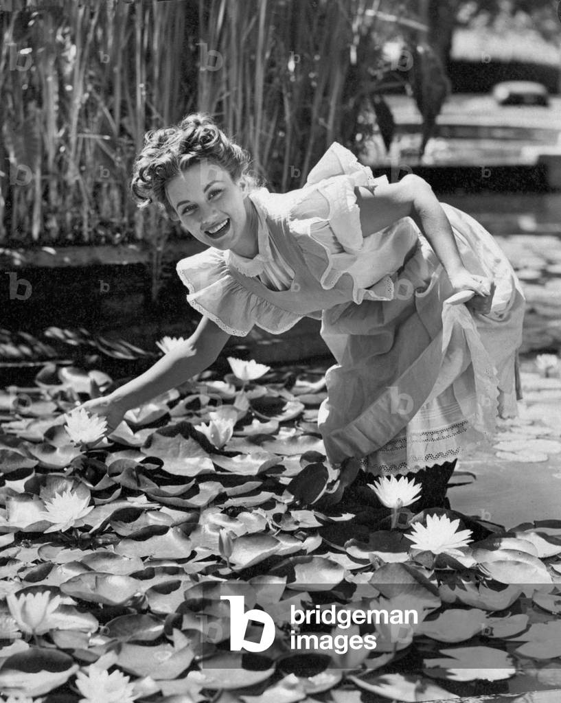 A young woman, wearing a dress and an apron, standing in a pond and picking up water lilies, circa 1948 : Water Lilies