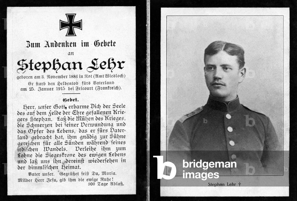 Announcement of death of german soldier Stephan Lehr, killed in Fricourt (Somme, France) january 25, 1915