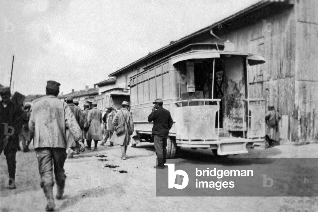 Bus used for troops transportation, in Courtemont, France, ww1 (b/w photo)