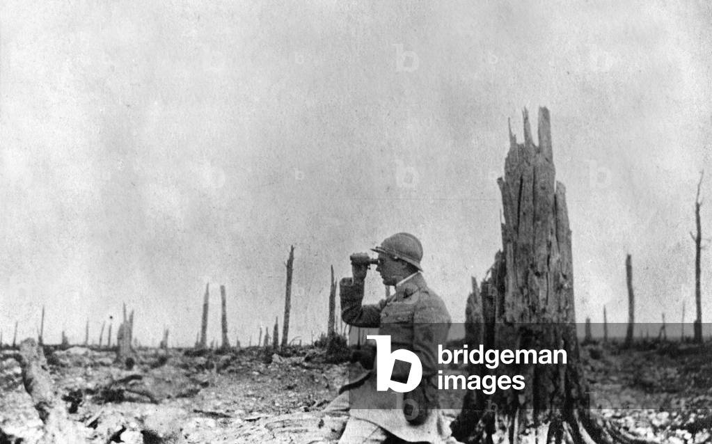 French artillery officer at the Bois de Vaux-Chapitre, Verdun, 1917 (b/w photo)