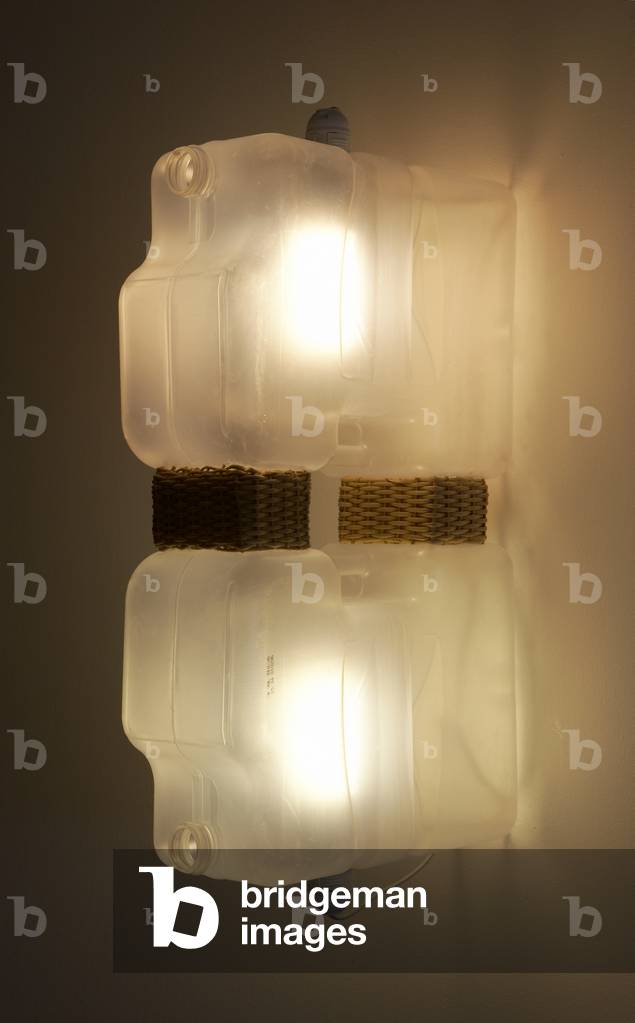 Gallon Lamp V - phase one, 2007 (plastic water gallon, wicker work, lighting system)