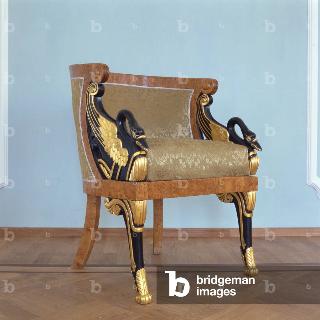 Sessel (vergoldetes Holz, Kastanienfurnier & Textil)