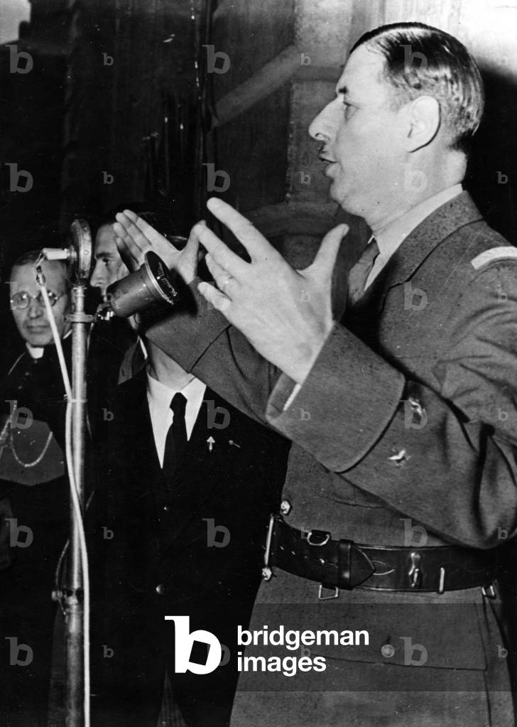 Rennes (Ille et Vilaine) Brittany France 21 August 1944 - During his visit to the Breton city, General De Gaulle (1890-1970) delivers a speech at the Hotel de Ville