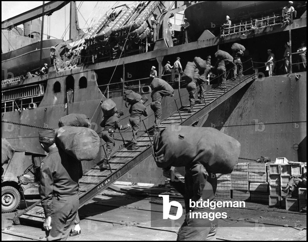 Second World War (1939-1945): The men of the 95th American Division boarded Le Havre (Seine Maritime) on June 22, 1945, on a transport ship to the United States, for 30 days of leave before being redeployed on the Pacific Front.