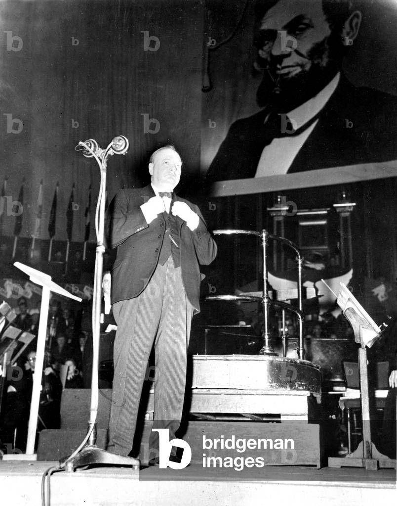 WWII:London, Great Britain, November 23, 1944: At the Thanksgiving Day Celebration at Albert Hall, First Minsitre Sir Winston Churchill is ready to speak