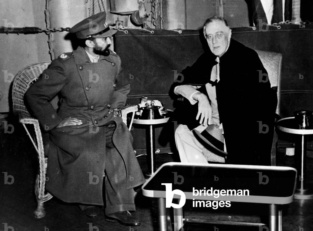 Suez Canal Grand Lake Amer (Egypt) February 15, 1945 - On board the USS Quincy and after the Yalta Conference, Ethiopian Emperor Haile Selassie (Tafari Makonnen) (1892-1975) talks with US President Franklin D. Roosevelt (1882-1945)
