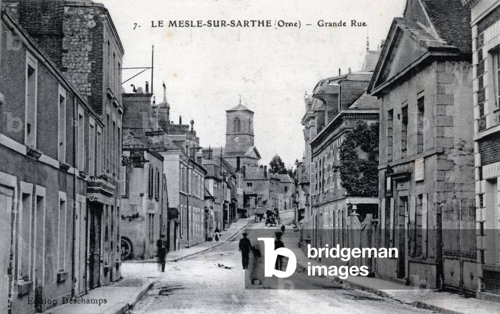 Normandy, Orne (61), Mele sur Sarthe (Melele-sur-Sarthe): view of the great street in Mesle sur Sarthe (Mesle-sur-Sarthe) - Postcard end 19th-20th century