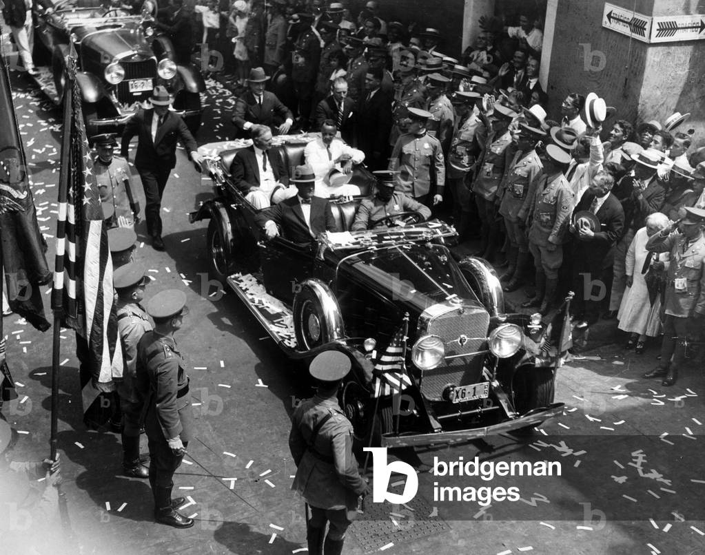 San Juan (Puerto Rico, Puerto Rico), March 1931: “Ticker-tape parade” in honor of US President Herbert Hoover (1874-1964) accompanied by Governor Theodore “” Ted”” Roosevelt III (Theodore Jr) (1887-1944) in the streets of Puerto Rican capital - San Juan, Puerto Rico, March 1931: “” Ticker-tape parade”” for President Herbert Hoover (1874-1964) and Governor Theodore “” Ted”” Roosevelt III (Theodore Jr) (1887-1944) after his arrival