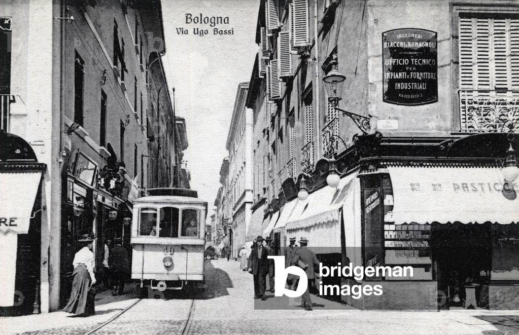 Italy, Bologna: tram in via Ugo Bassi - Postcard late 19th-20th century