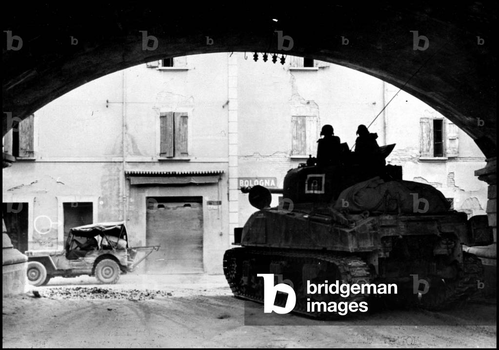 WWII:Bologna (Italy) April 22, 1945: A Sherman M4 tank of a South African division roams the city