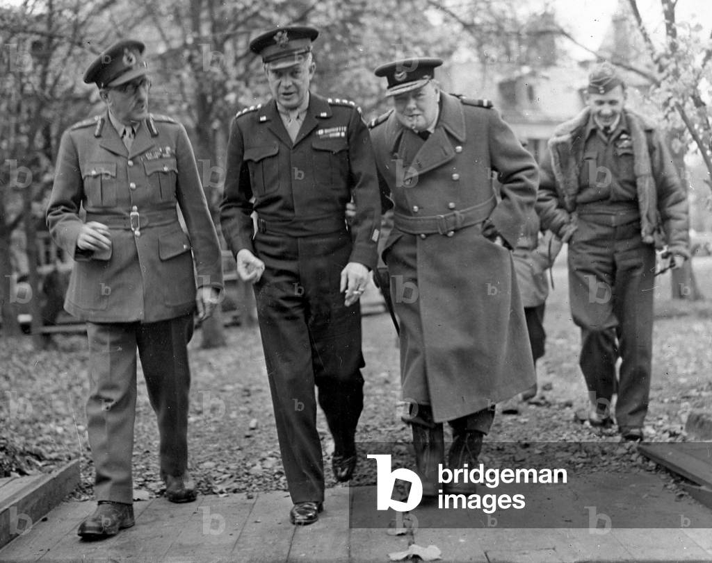 WWII:West Front early November 1944: During a visit of the front, from left to right, British Marechal Alan Brooke, American General Dwight Eisenhower (Supreme Commander of Allied Forces in Europe), British Prime Minister Sir Winston Churchill and Marechal de British Air Sir Arthur Tedder.