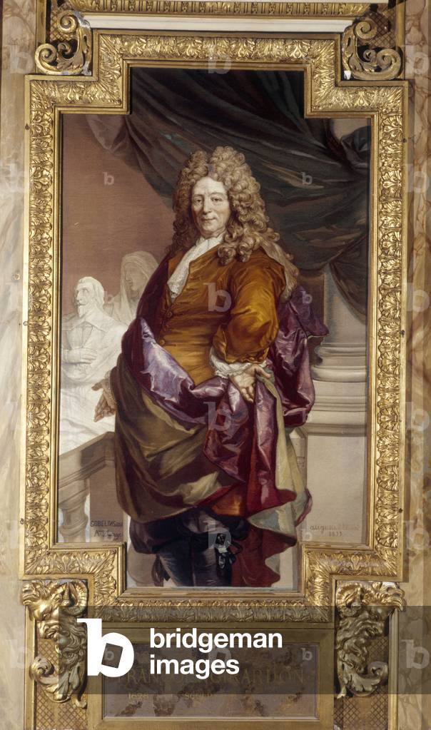 Porträt von Francois Girardon, französischer Barockbildhauer (1628-1715). Goblin-Wandteppich schmückt die Gale