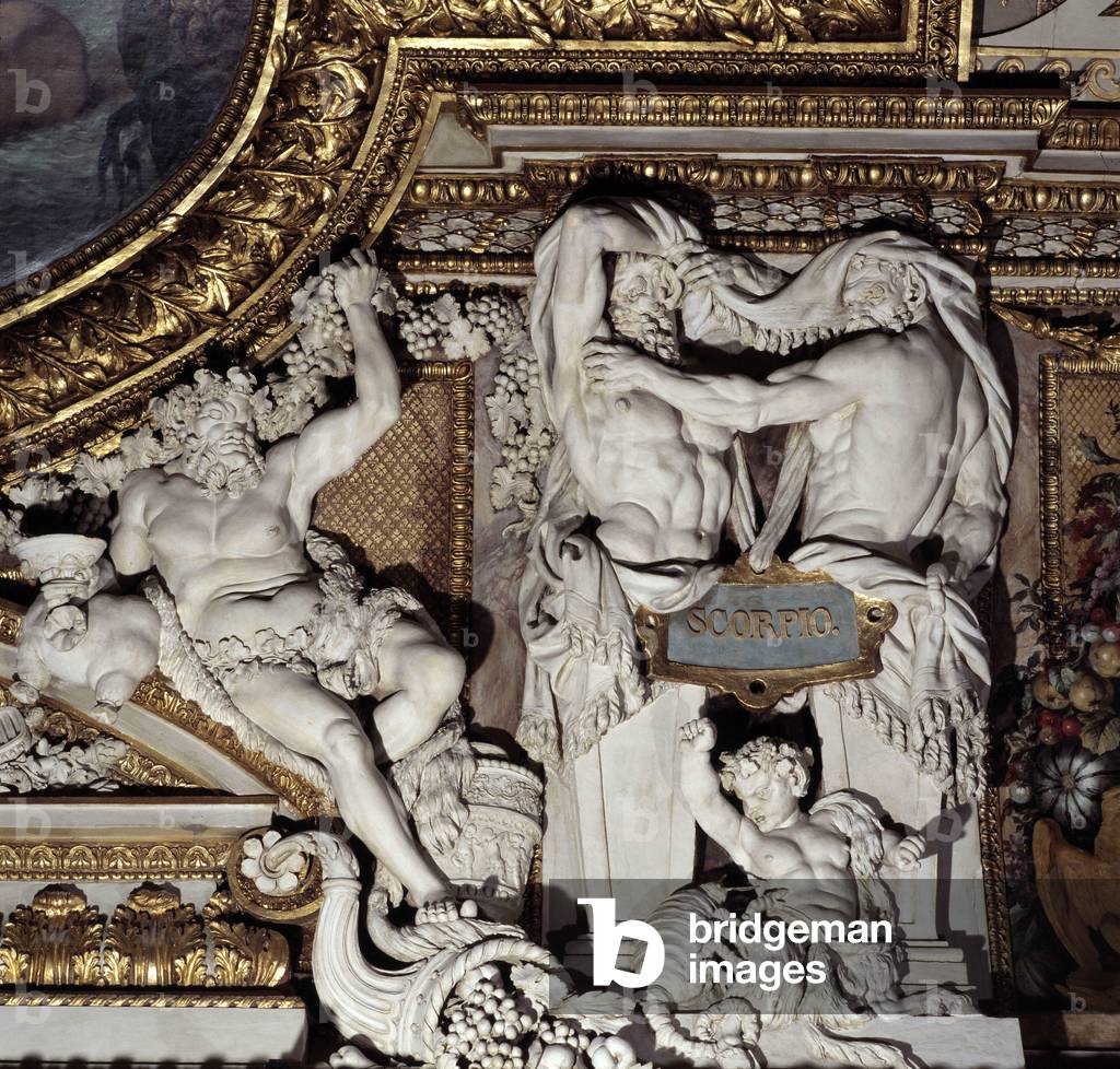 Silene representing October. The sign of the scorpion (1663 - 1665) by Gaspard Marsy (1625 - 1681), based on a drawing by Charles Lebrun (Le Brun) (1619-1690). Ceiling of the Galerie d'Apollon at the Musee du Louvre in Paris.