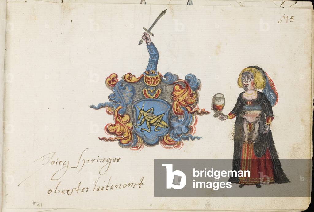 Laing MS III 283, fol.521r, Barmaid with a glass of beer, from the 'Album Amicorum' of Michael van Meer, c.1613-48 (w/c on paper)