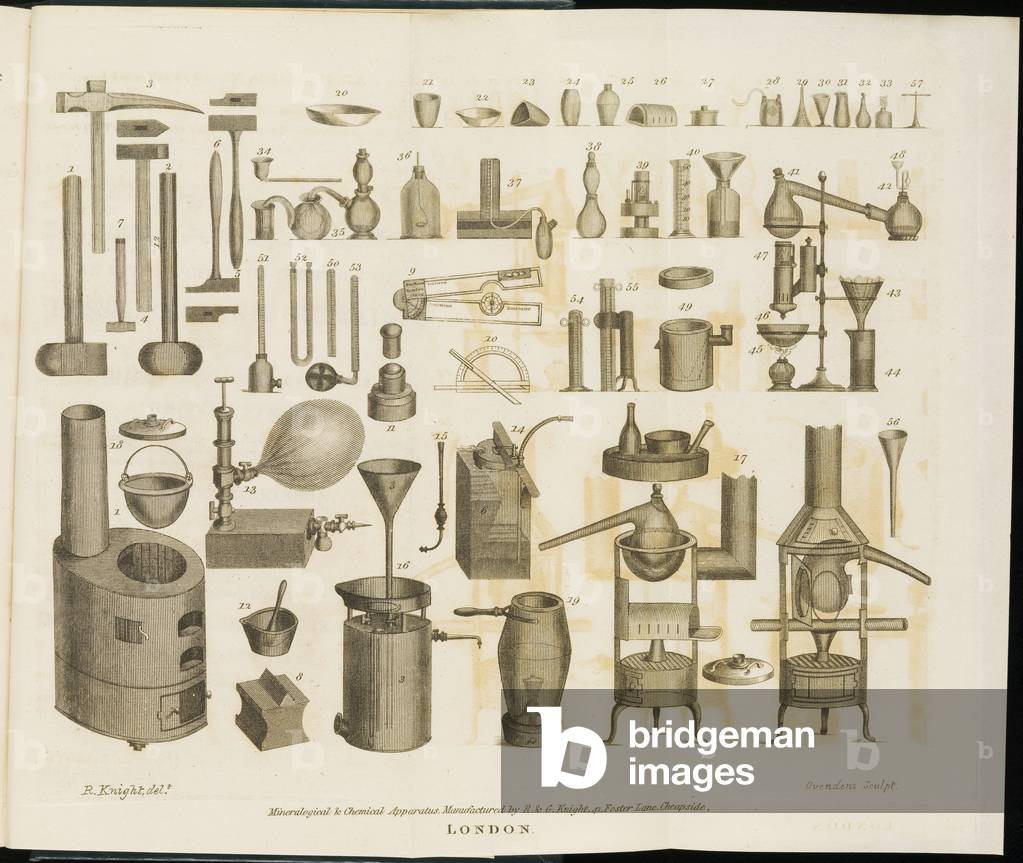 Mineralogical and chemical apparatus, illustration from 'Outlines of the Geology of England and Wales' by Will
