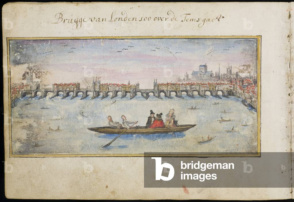 Laing MS III 283 f.408v Old London Bridge, with Watermen ferrying passengers across the Thames, from the 'Album Amicorum' of Michael van Meer, c.1614-15 (w/c on paper)
