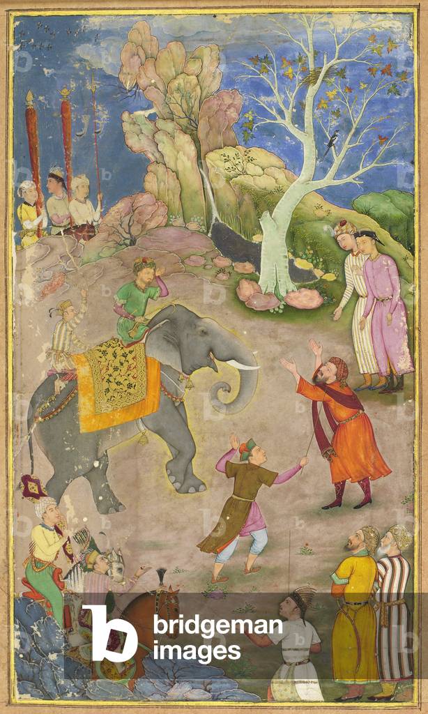 Elephant with master and servants (gouache on gold-sprinkled paper)