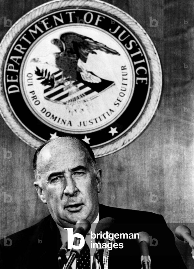 Attorney General John Mitchell at a news conference in Washington D.C., January 19, 1971.