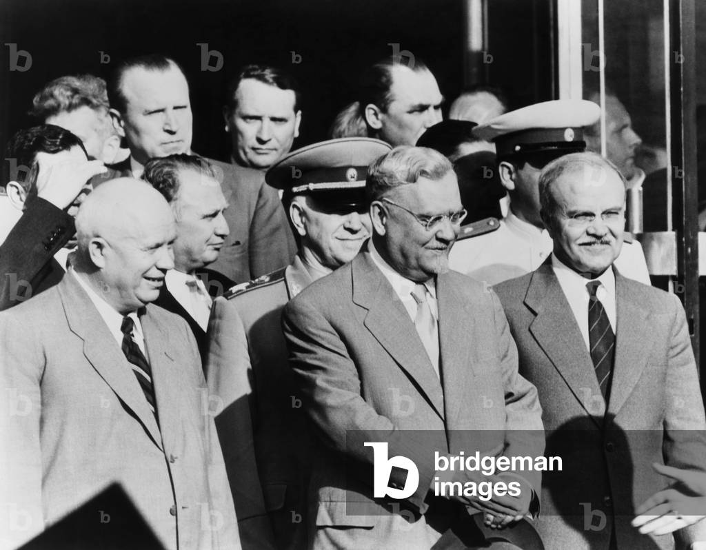 Soviet delegation leaving the Palace of Nations, Geneva, during the 'Big Four' Summit in July 1955