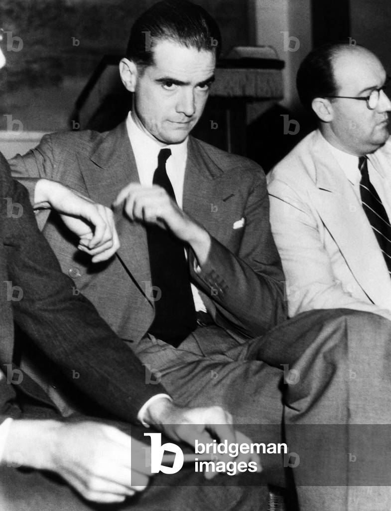 Howard Hughes in court. He was involved in an accident that killed another man, 1936